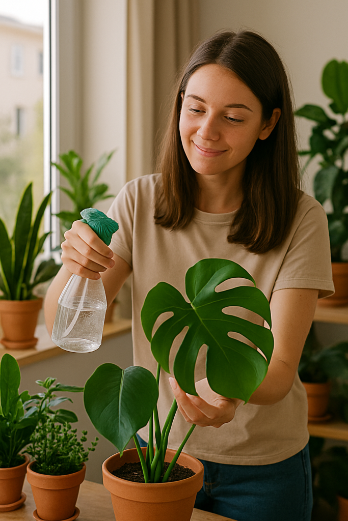 mujer joven cuidando sus plantas