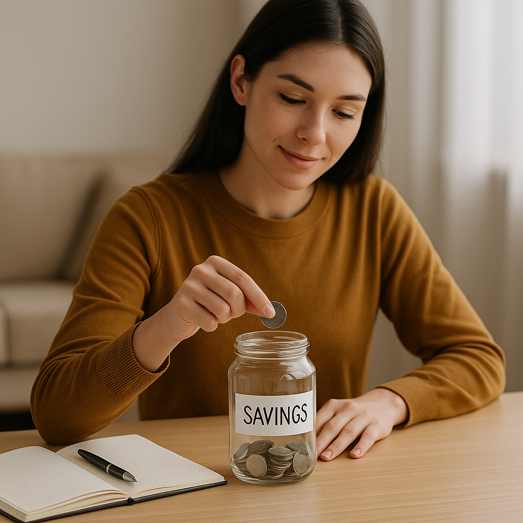 mujer colocando una moneda en un tarro de ahorro mientras organiza sus gastos