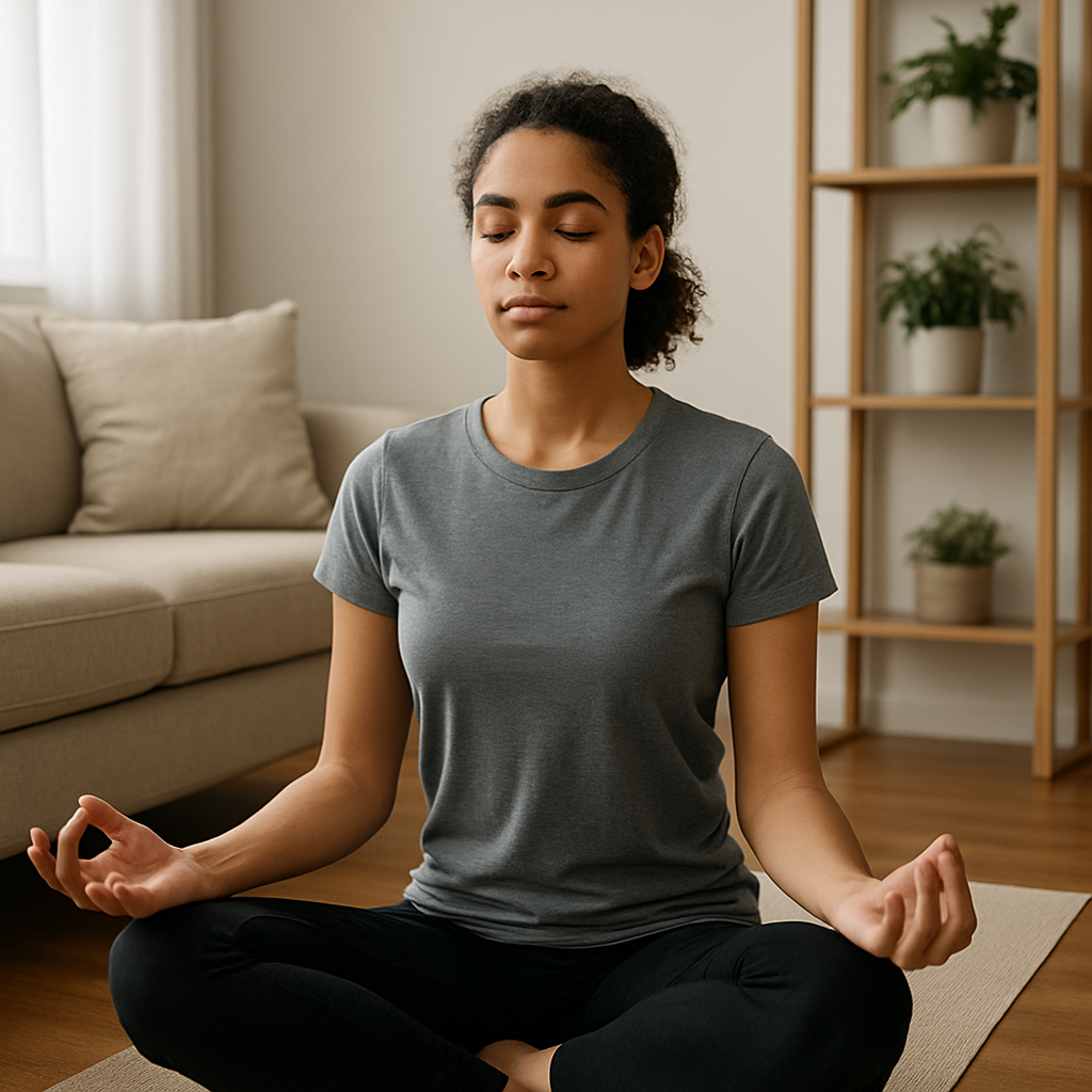 mujer meditando en casa, representando calma mental y una relación saludable con el dinero