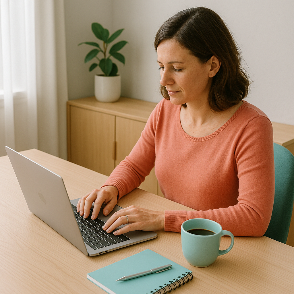 persona escribiendo en su portátil con una taza de café, representando la idea de generar ingresos extra usando habilidades que ya tiene