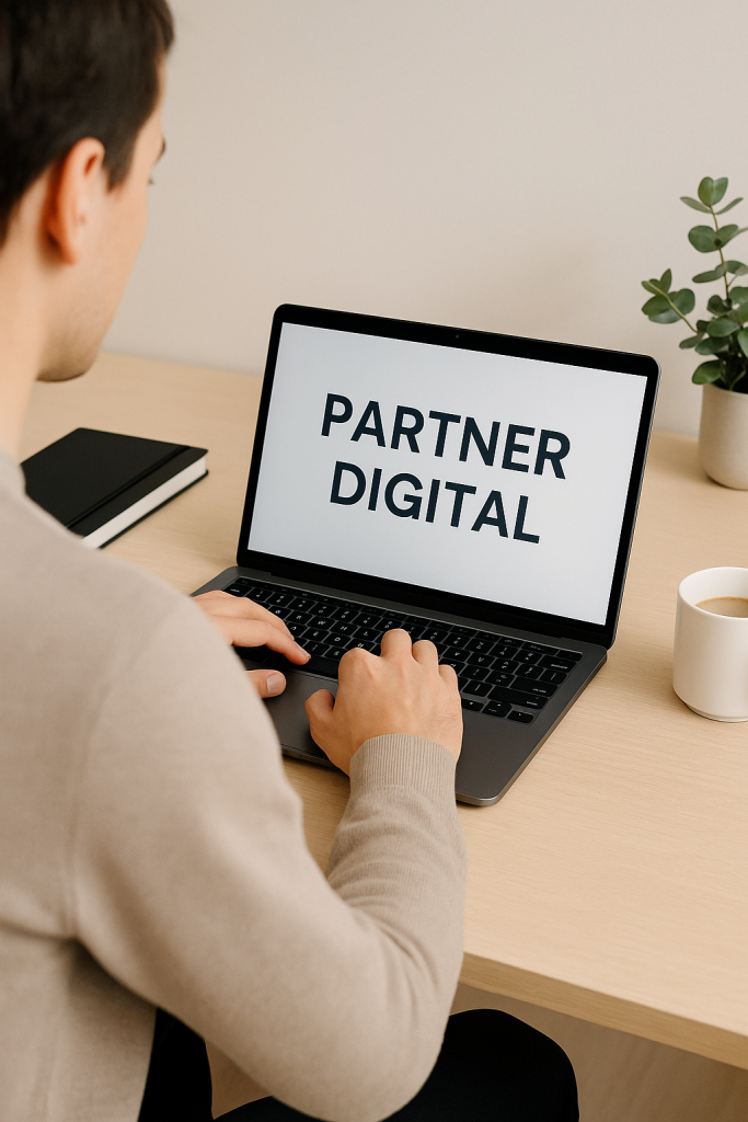 persona trabajando desde un escritorio minimalista con ordenador portátil, simbolizando el trabajo como partner digital