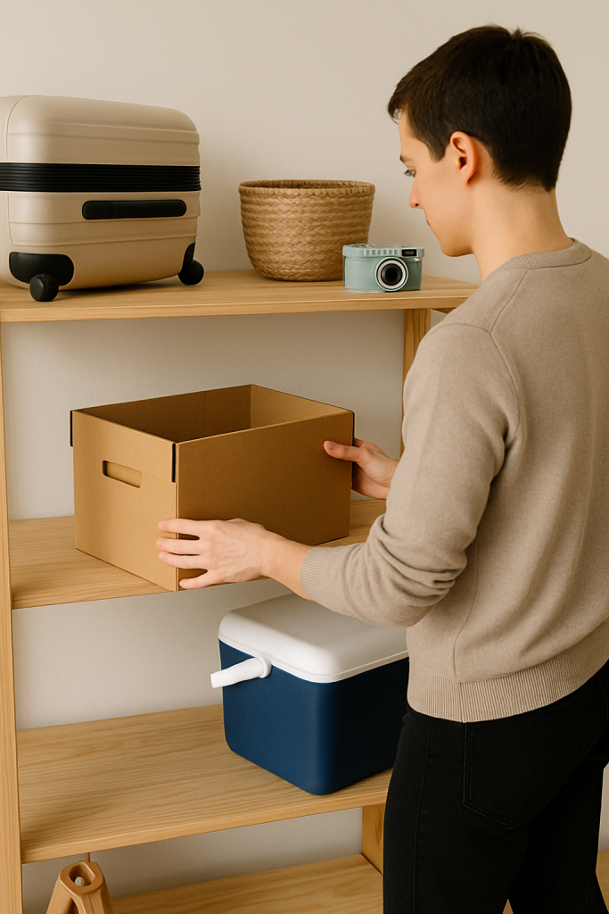 persona guardando objetos en una estantería, representando la idea de alquilar cosas que no usa
