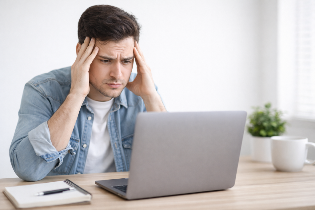 persona confundida trabajando online